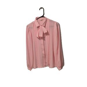 VTG Esprit Canada Candy Pink Tie Neck Blouse Semi Sheer Barbiecore Officewear